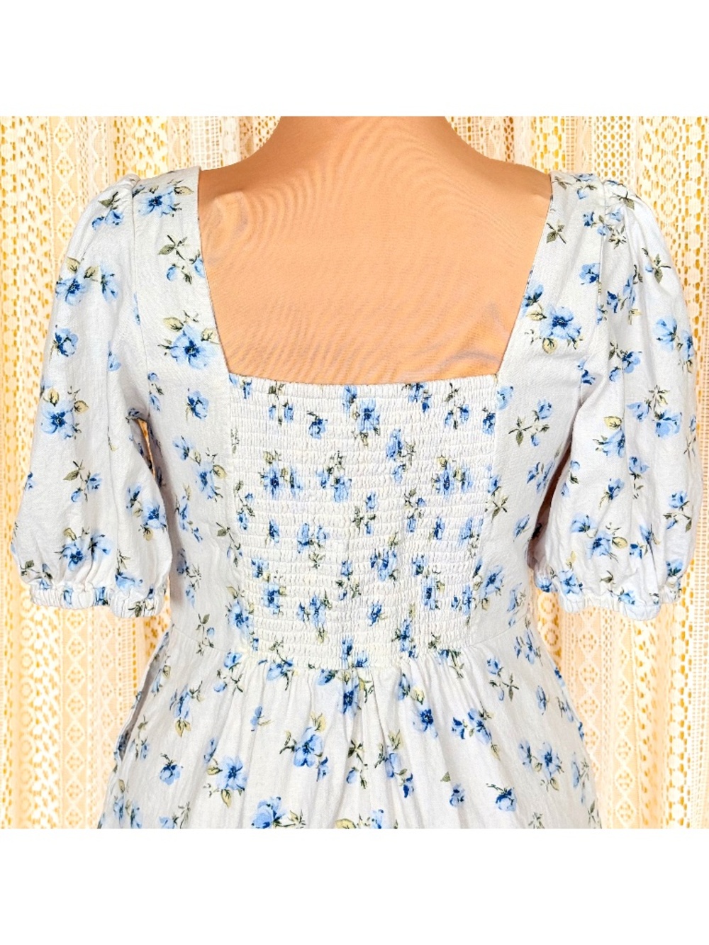 Linen Coquette Cottage Blue Floral Puff-Sleeve Mini Summer Dress Old Navy Sz M - Picture 10 of 17